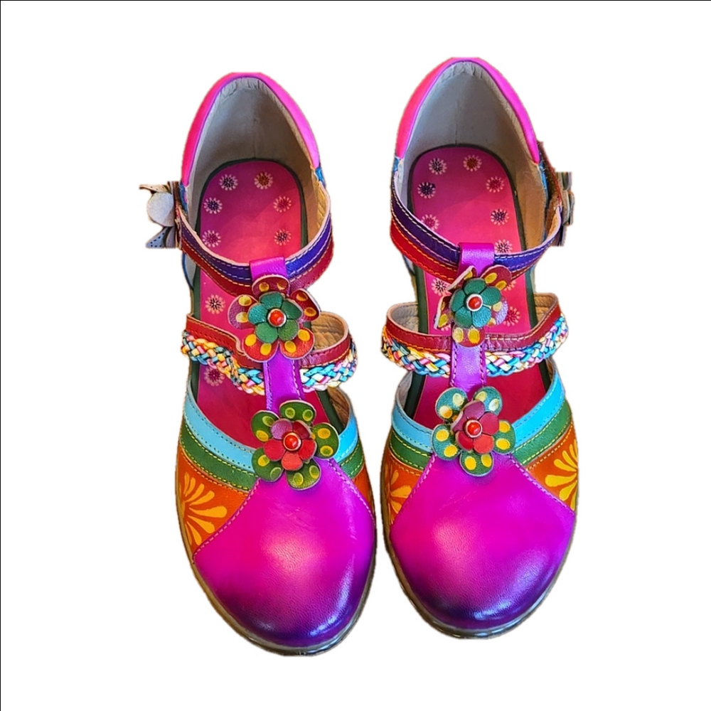 Queen Boho Leather Printing Stitching Mary Jane Style Halloween Heels